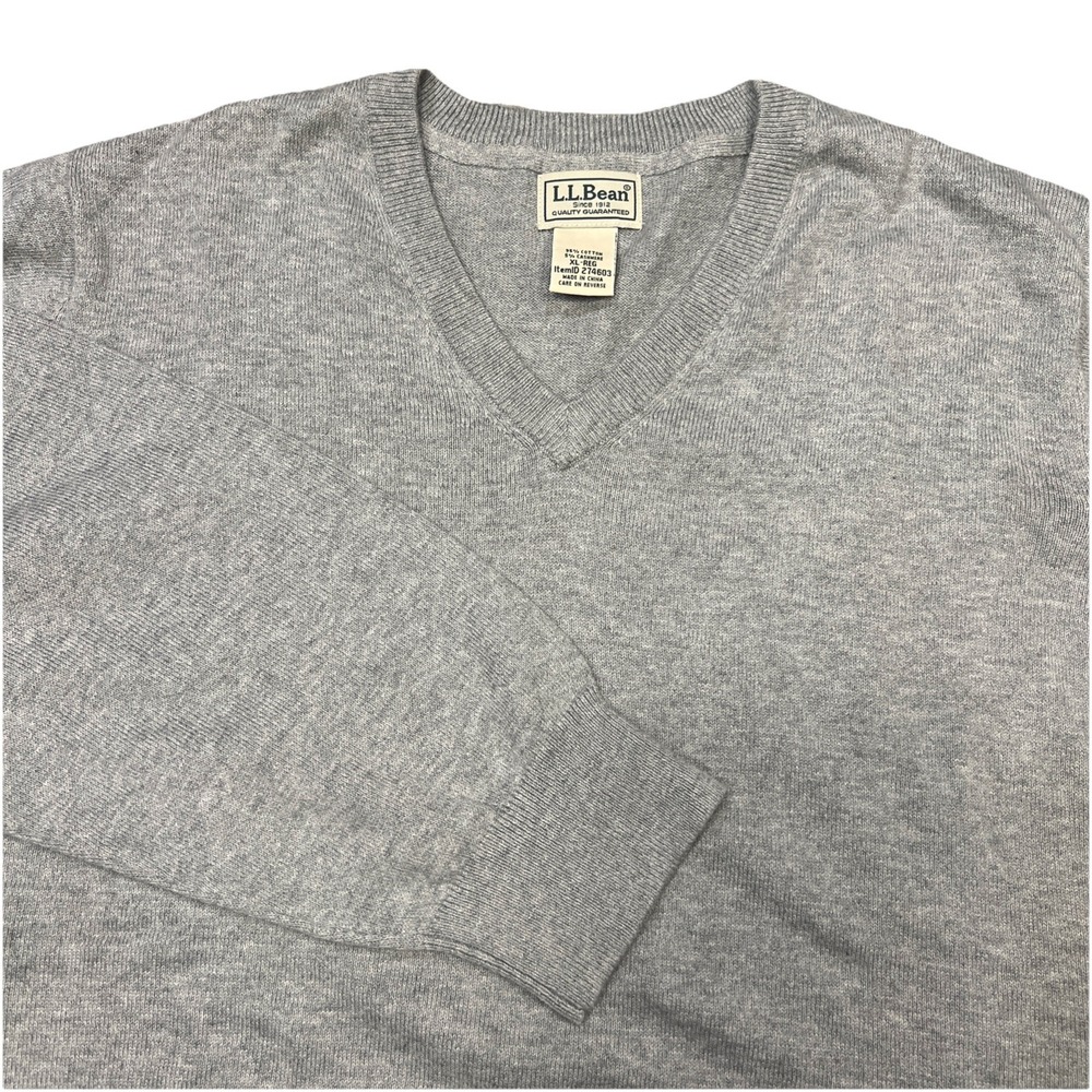 LL Bean Men's XL Regular Gray Cotton Cashmere Blend V Neck Pullover Sweater